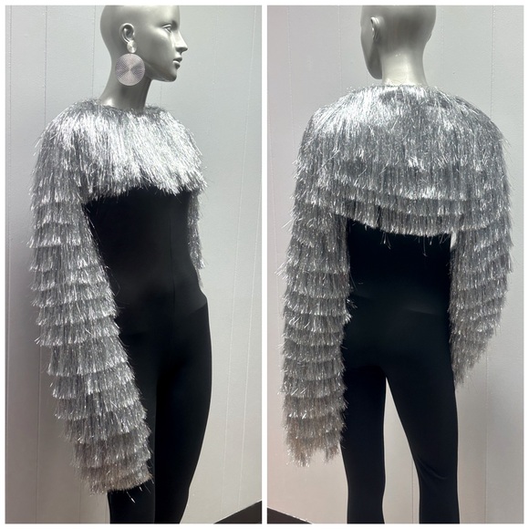 Boutique Jackets & Blazers - Meet Me Silver Metallic Tinsel Fringe Bolero Jacket